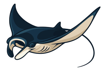 Majestic giant manta ray gliding gracefully through clear blue ocean waters with its wings extended in a beautiful underwater scene