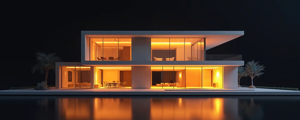 Modern luxury house with bright windows. Contemporary architecture with clean lines. Home integrates with nature, reflecting in water. Sleek design at night.