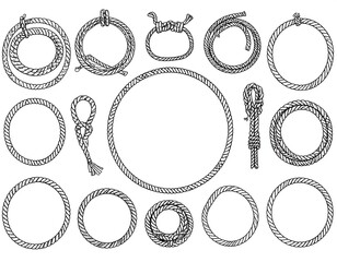 Hand-drawn set of various rope circles, loops, and knots in a monochrome, line-art style