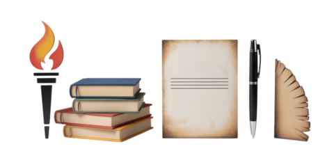 A scholarly arrangement of classic elements symbolizing education and history, featuring a torch icon, stacked books, antique paper, and a writing pen on a white background.