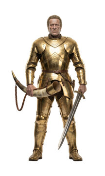 Heimdall Norse god in gold armor holding horn and sword