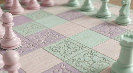 Chessboard and chess pieces arrangement with pastel colors and decorative details