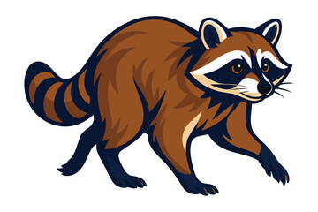 A detailed illustration of a curious raccoon with its distinctive masked face and ringed tail walking on a white background