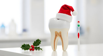 Fototapeta premium Holiday Oral Care: A festive display featuring a model tooth adorned with a miniature Santa hat, alongside a toothbrush and sprig of holly, celebrating healthy smiles and holiday cheer.