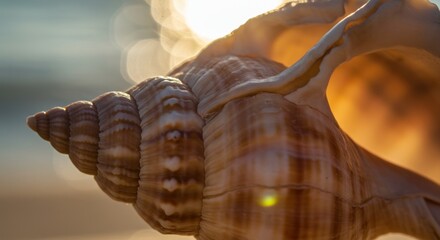 Close up of a detailed seashell with sunlight and bokeh background