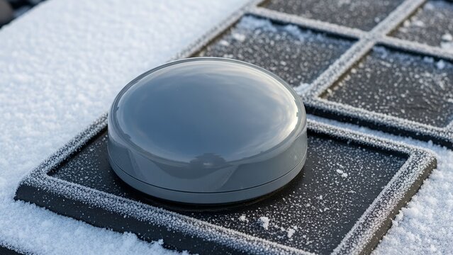 A close-up of a grey dome-shaped button or sensor covered in a layer of frost on a cold winter day.