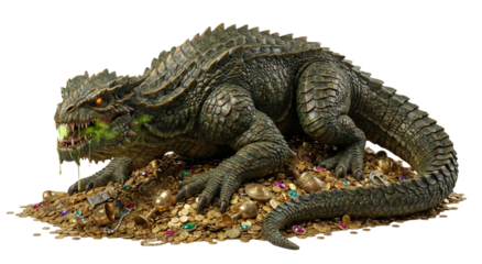 Green dragon Fafnir guarding pile of gold treasure