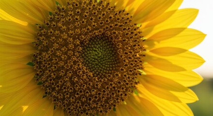 Close up of a sunflower bloom showing petals and seed head