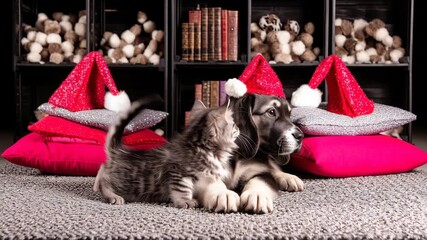 Pet new year event concept. A cozy scene of a puppy and kitten wearing festive hats, surrounded by decorative pillows, exuding warmth and holiday spirit.