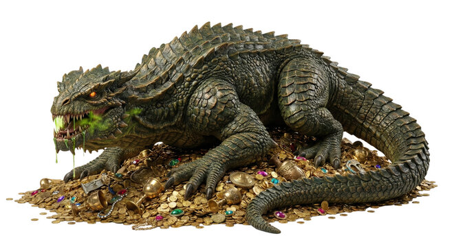 Green dragon Fafnir guarding pile of gold treasure