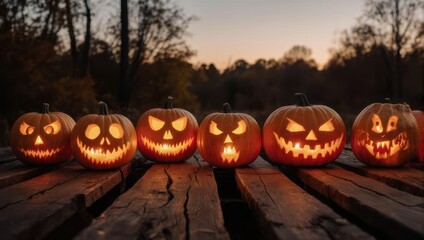 Spooky Jack-o-Lanterns Glowing on Wooden Planks at Dusk.