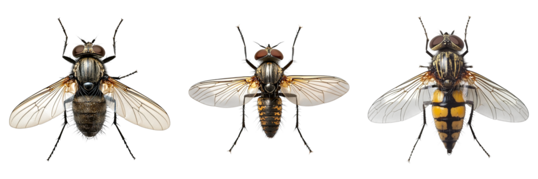 Three houseflies are showcased in a row, with their wings and details distinctly visible. It's a close-up shot that displays their unique characteristics