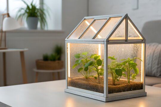 Mini greenhouse with young seedlings growing under warm light on a table. Indoor gardening, plant care and eco-friendly home cultivation concept.