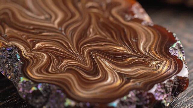 Macro shot of natural oud resin with deep brown patterns and sheen