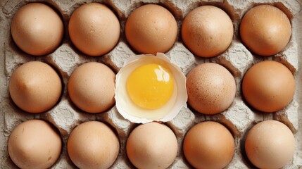 Dozen brown eggs in carton one cracked open