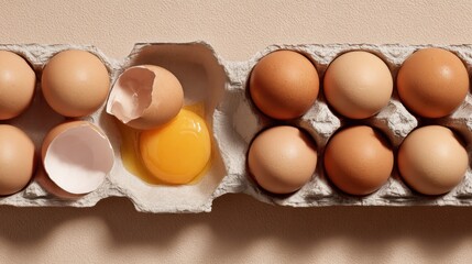 Fresh brown eggs in carton one cracked open