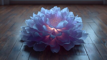 Surreal purple luminescent flower on a polished dark wooden floor features glowing petals in an artistic composition and interior design.