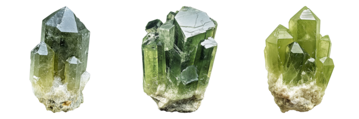 A collection of striking green crystals, each exhibiting unique shapes and textures