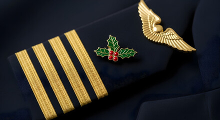 Pilot's Christmas Crest: The elegant pilot's uniform with a festive touch, featuring a golden emblem. The image captures the spirit of the season through thoughtful detail.