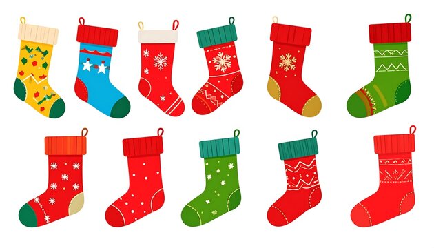 A collection of ten colorful Christmas stockings of various designs, patterns, and colors against a white background