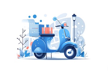 Fototapeta premium A blue delivery scooter with packages in a snowy winter scene, featuring a street lamp and minimalist design.