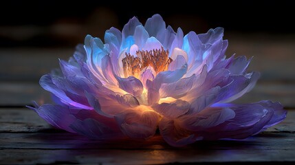 Surreal purple luminescent flower on a polished dark wooden floor features glowing petals in an artistic composition and interior design.