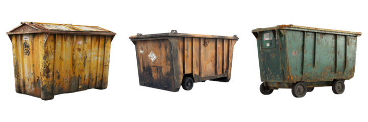 Three weathered and old dumpsters of varying colors side by side. Each dumpster shows signs of wear and tear