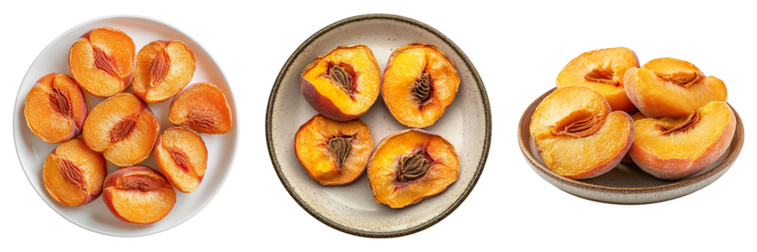 Three bowls filled with peach halves, showcasing fresh, ripe, and juicy fruit