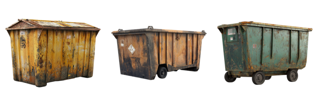 Three weathered and old dumpsters of varying colors side by side. Each dumpster shows signs of wear and tear
