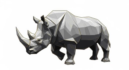 Fototapeta premium Abstract polygonal rhinoceros illustration against a pristine white backdrop showcasing geometric