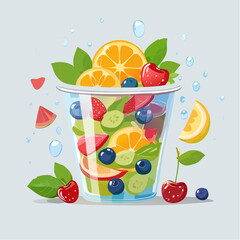 Refreshing Fruit Salad In A Clear Plastic Cup With Sliced Oranges Blueberries Strawberries Watermelon And Garnish Of Mint Leaves Against A Light Blue Background With Water Droplets And Floating Fruit