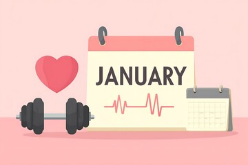 An illustration depicting a January calendar, a dumbbell, and a heart, symbolizing new year fitness resolutions and a healthy lifestyle.