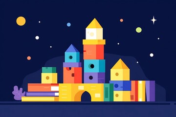Fototapeta premium Vibrant flat design illustration of a whimsical castle city built from colorful geometric blocks under a starry night sky.