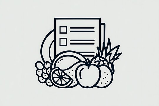 A minimalist line art illustration depicting a healthy food checklist surrounded by various fresh fruits, symbolizing diet planning and wellness.
