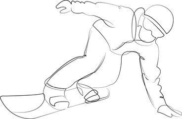 One continuous line drawing on white isolated background. Minimalism linear illustration. mountain, speed, recreation, sport, snowboarding, snow, winter, action, active, extreme