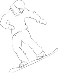 One continuous line drawing on white isolated background. Minimalism linear illustration. sport, mountain, action, extreme, snow, winter, snowboarder, snowboarding, jump, fun