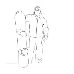 One continuous line drawing on white isolated background. Minimalism linear illustration. mountain, snowboard, snow, winter, sport, activity, nature, person, sky, snowy