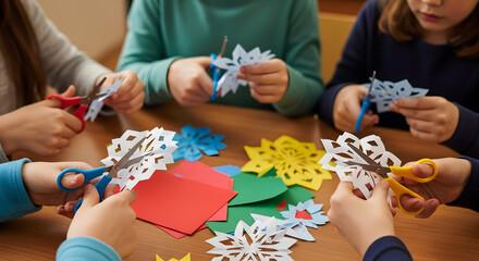 Creative Hands at Work: Children's hands cut delicate paper snowflakes, their small scissors precise. This scene portrays artistic expression and holiday creativity.