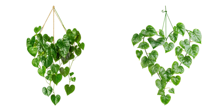 Two indoor heart-shaped plants are hanging in the air. The leaves are vibrant green and look fresh