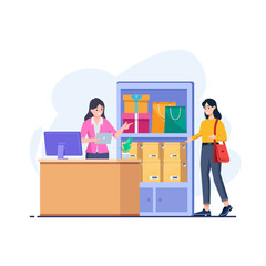 Flat shopping illustration. Buyers transact with store employees. payment at the cashier to be paid.