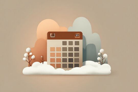 A minimalist 3D render illustration depicting a calendar showing the 31st, surrounded by soft winter elements and pastel colors.