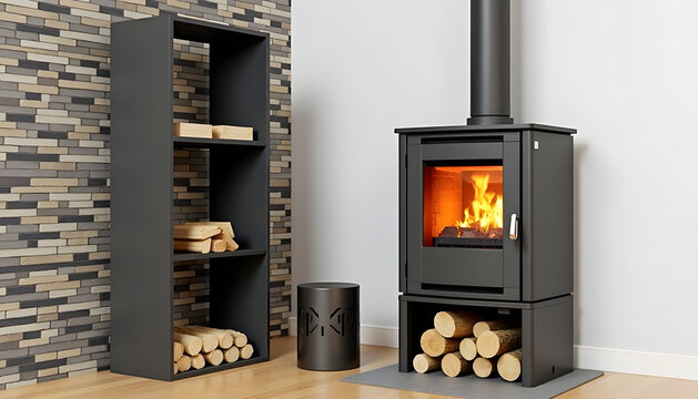 Modern fireplace with burning fire and firewood storage in a cozy living room - Powered by Adobe