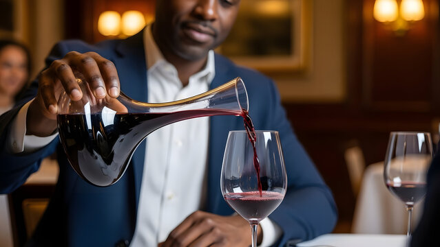 Wine Decanting at Dining Table: An elegant man, poised in a fine dining atmosphere, meticulously pours a rich, crimson wine from a decanter into a crystal glass.