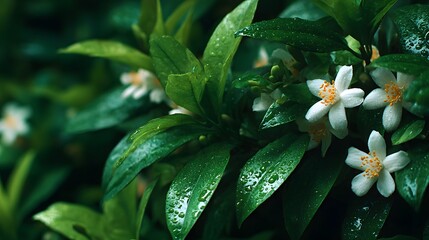 Texture of dense green foliage features small white jasmine flowers and sun-drenched leaves in a natural floral background garden detail.