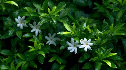 Texture of dense green foliage features small white jasmine flowers and sun-drenched leaves in a natural floral background garden detail.