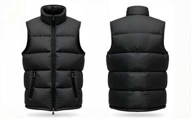 Sleeveless jacket, puffer vest. Black down waistcoat front and back view. Vector realistic mockup of warm casual clothes with zipper for winter and cold weather isolated on transparent background
