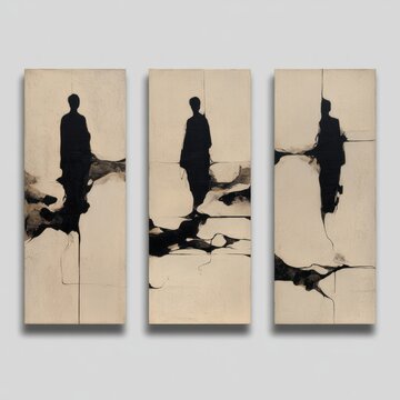 Silent Silhouette: A minimalist triptych art piece featuring enigmatic figures in grayscale against a serene, neutral background, evoking contemplation and intrigue.