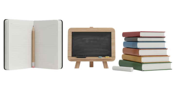 Essential school supplies like a notebook, pencil, mini blackboard, and stacked books are ready for learning on a clean white background.