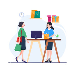Flat shopping illustration. Buyers transact with store employees. payment at the cashier to be paid.