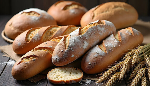 Freshly baked artisan bread loaves and baguettes on a rustic wooden table - Powered by Adobe